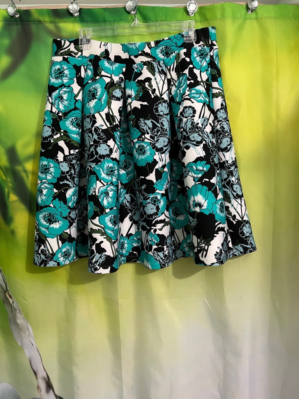 Cato Teal Floral Circle Skirt with Black and White
